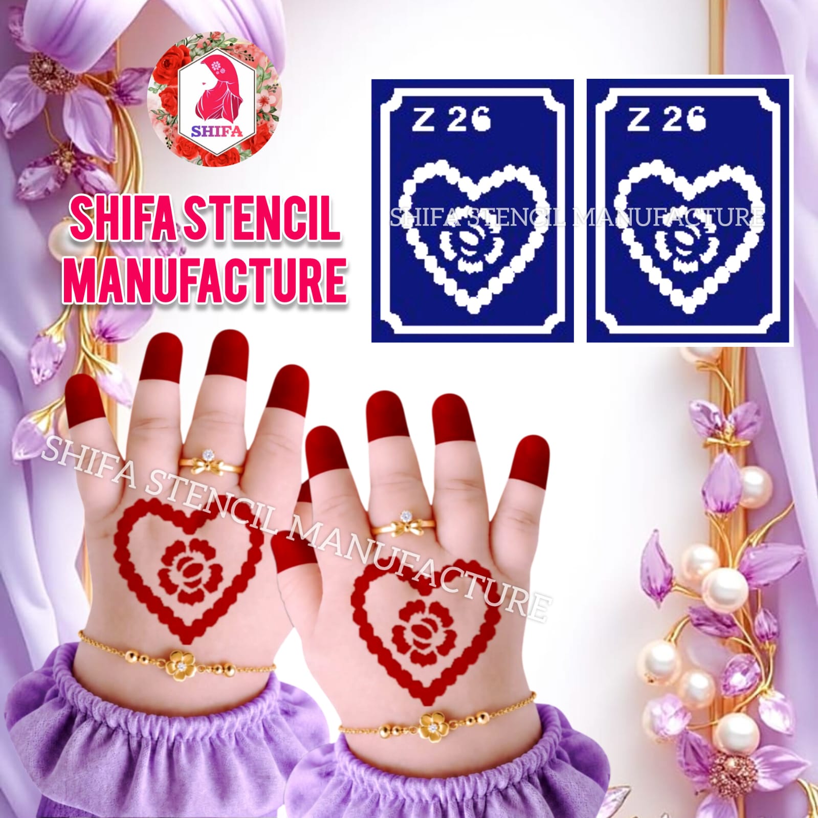 Z 26 Beaded Rose Heart Sticker overview Henna Stencil - Shifa Stencil